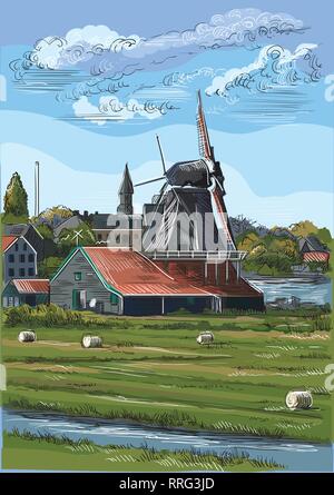 Vector hand drawing Illustration of watermill in Amsterdam (Netherlands, Holland). Landmark of Holland. Watermills on the meadow.Colorful vector engra Stock Vector
