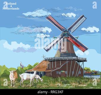 Vector hand drawing Illustration of watermill in Amsterdam (Netherlands, Holland). Landmark of Holland. Watermill and goats grazing on the meadow.Colo Stock Vector