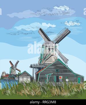Vector hand drawing Illustration of watermill in Amsterdam (Netherlands, Holland). Landmark of Holland. Watermill on the meadow.Colorful vector engrav Stock Vector