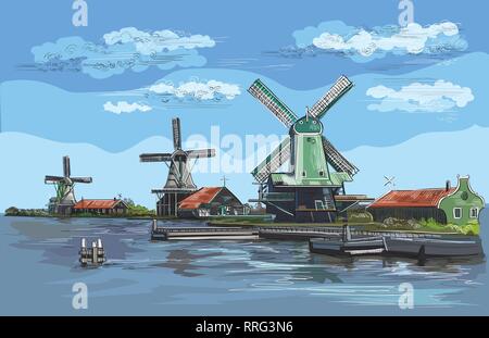 Vector hand drawing Illustration of watermill in Amsterdam (Netherlands, Holland). Landmark of Holland. Watermills on the embankment.Colorful vector e Stock Vector