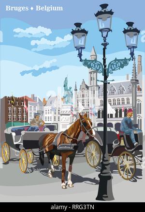 View on Grote Markt square in medieval city Bruges, Belgium. Landmark of Belgium. Horses, carriages and lanterns on market square in Bruges. Colorful  Stock Vector