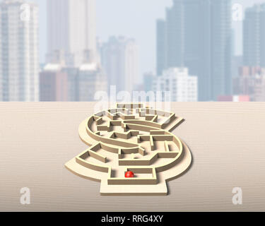 Maze ball game in money shape box on table, with city buildings background. Stock Photo