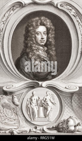 John Somers, 1st Baron Somers, 1651 to 1716.   Lord High Chancellor of England under King William III.  From the 1813 edition of The Heads of Illustrious Persons of Great Britain, Engraved by Mr. Houbraken and Mr. Vertue With Their Lives and Characters. Stock Photo