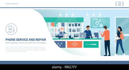Happy customers shopping in a phone repair store and shop assistants working, a woman is fixing a phone using a screwdriver, electronics and communica Stock Vector