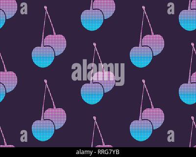 Cherries with a gradient and dots in the style of pop art, dotted points. Seamless pattern. Retrowave. Vector illustration Stock Vector
