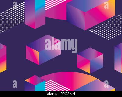 Futuristic seamless pattern with geometric shapes. Gradient with purple tones. 3d isometric shape. Synthwave retro background. Retrowave. Vector illus Stock Vector