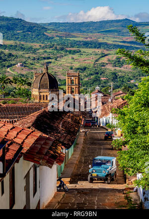 View towards La Inmaculada Concepcion Cathedral, Barichara, Santander Department, Colombia, South America Stock Photo