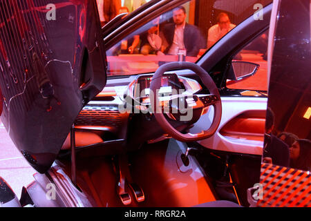 Interior view of the first electric vehicle model 'Minimo' of the Spanish automotive brand SEAT with 5G technology at the Mobile World Congress in Barcelona. Stock Photo