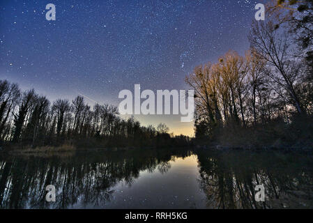 Night Sky Stars Forest River Stock Photo