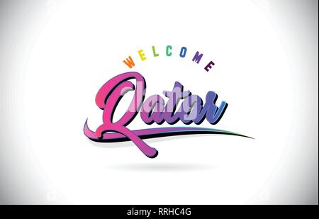 Qatar Welcome To Word Text with Creative Purple Pink Handwritten Font and Swoosh Shape Design Vector Illustration. Stock Vector