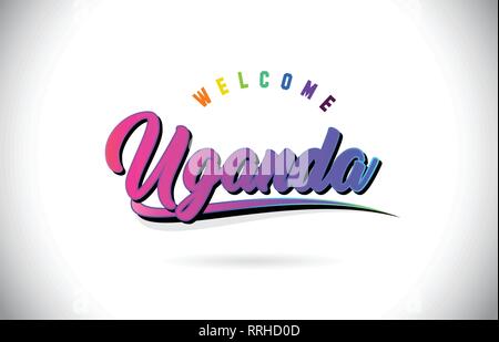 Uganda Welcome To Word Text with Creative Purple Pink Handwritten Font and Swoosh Shape Design Vector Illustration. Stock Vector