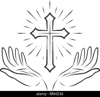 Christian Logo. Religious community symbol, icon. Hands and cross, vector illustration Stock Vector