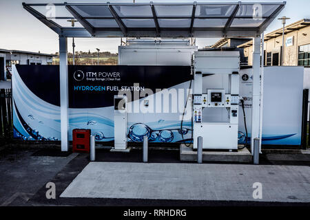 Hydrogen fuel station. Hydrogen gas generated on-site using water and excess wind electricity via electrolysers manufactured by ITM Power, Sheffield Stock Photo