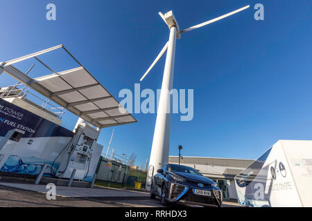 Hydrogen fuel car at hydrogen gas generated on-site using water and excess wind electricity via electrolysers manufactured by ITM Power, Sheffield. Stock Photo