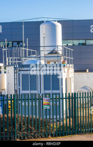 Hydrogen manufacturing plant where gas is generated on-site using water and excess wind electricity via electrolysers manufactured by ITM Power Stock Photo