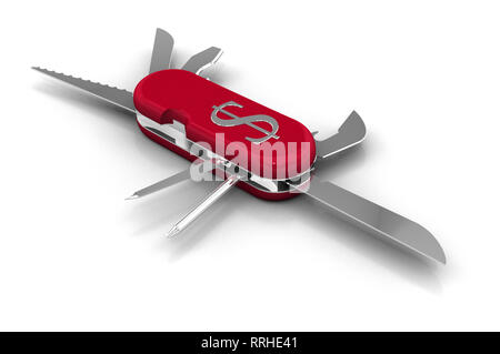 Multipurpose utility knife with metal dollar symbol and other various tools. High resolution 3D render. Stock Photo