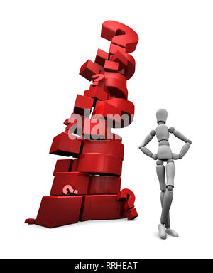 3D render of mannequin standing near a stack of red question marks. 3D illustration isolated on white background. Stock Photo