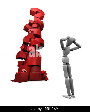 3D render of dumbfounded mannequin standing in front of a stack of red question marks. 3D illustration isolated on white background. Stock Photo