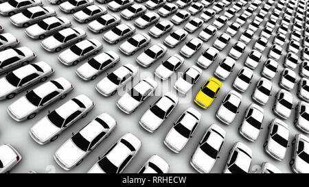 Hundreds of generic cars. The mystery 'lemon' car is yellow. DOF, focus is on yellow car. Stock Photo