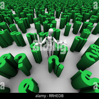 3D render of confused mannequin standing in a sea of green question marks and $ dollar symbols. Stock Photo