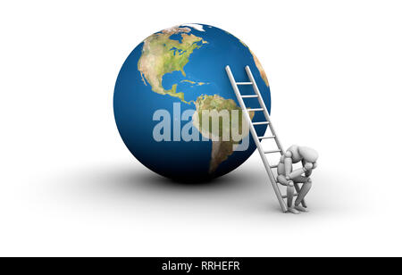 Mannequin sitting on ladder that is leaning against Earth. Stock Photo