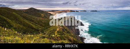 Te Werahi Beach at sunrise, with Te Paki Coastal Track path visible, Cape Reinga, North Island, New Zealand, Pacific Stock Photo