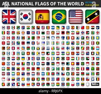All national flags of the world . Shiny convex round angle square button design . Elements vector . Stock Vector