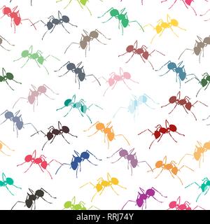 Colorful ants on white seamless background. Stock Vector