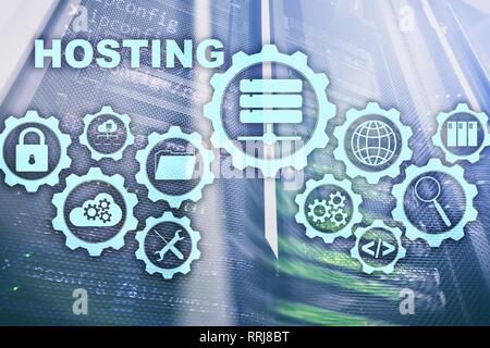 Web Hosting Technology Internet and Networking Concept. On Server room background. Virual screen. Stock Photo