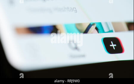 New york, USA - february 25, 2019: Tiktok App software menu on device screen pixelated close up view Stock Photo