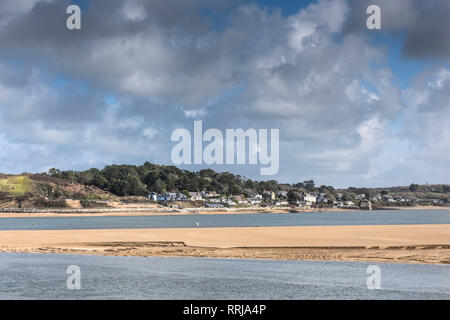 A large sandbar exposed at low tide on the River Camel in North Cornwall UK. Stock Photo
