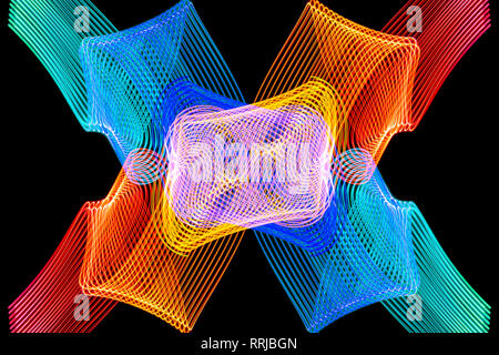Abstract light blue, orange and purple trails in random motion background image. Striped Neon Lights in Rainbow Colors  Stock Photo