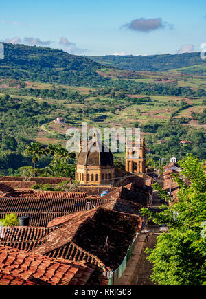 View towards La Inmaculada Concepcion Cathedral, Barichara, Santander Department, Colombia, South America Stock Photo