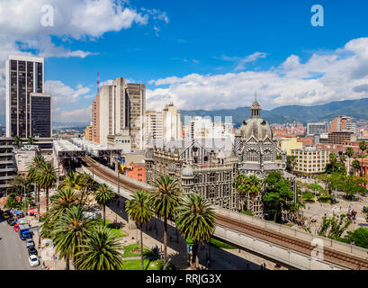 City Center skyline with Metro Line and Rafael Uribe Uribe Palace of Culture, Medellin, Antioquia Department, Colombia, South America Stock Photo