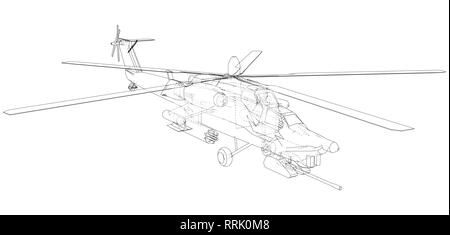 Drawing of helicopter, Vector wireframe concept. Created illustration of 3d. The layers of visible and invisible lines are separated. Stock Vector