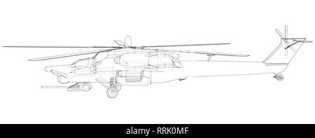 Helicopter. Created illustration of 3d. Wire-frame style. The layers of visible and invisible lines are separated. Stock Vector