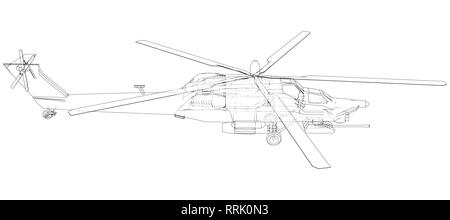 Drawing of helicopter, Vector wireframe concept. Created illustration of 3d. The layers of visible and invisible lines are separated. Stock Vector