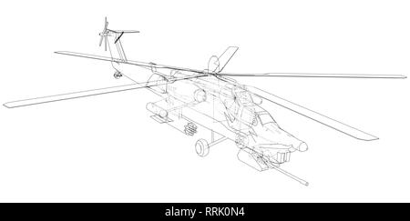 Helicopter. Created illustration of 3d. Wire-frame style. The layers of visible and invisible lines are separated. Stock Vector
