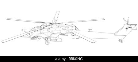 Silhouette of military helicopter. Created illustration of 3d. Vector wire-frame concept Stock Vector