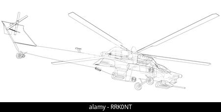 Helicopter. Created illustration of 3d. Wire-frame style. The layers of visible and invisible lines are separated. Stock Vector