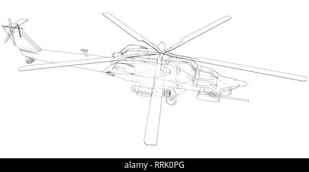 Helicopter. Created illustration of 3d. Wire-frame style. The layers of visible and invisible lines are separated. Stock Vector