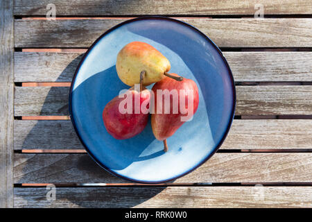 Three red pears on blue plate in sunlight on wooden table. Stock Photo