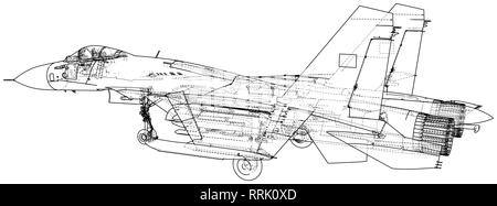 Jet fighter aircraft. Vector wire-frame concept. Created illustration of 3d. Stock Vector