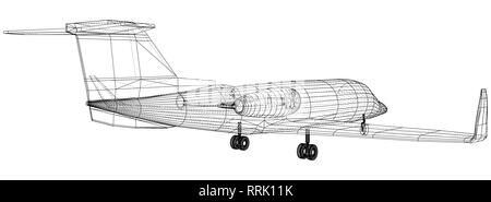 Airplane blueprint. Outline aircraft on white background. Created illustration of 3d. Stock Vector