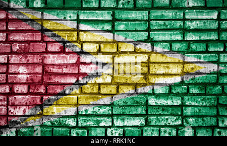 National flag of Guyana on a brick background. Concept image for Guyana: language , people and culture. Stock Photo