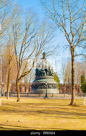 Veliky Novgorod,Russia - April 29,2018. Kremlin park and the monument Millennium of Russia in spring sunny afternoon Stock Photo