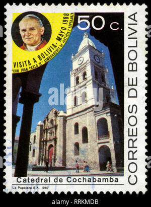 Postage stamp from Bolivia in the Visit of Pope John Paul II series issued in 1988 Stock Photo