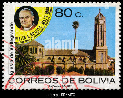 Postage stamp from Bolivia in the Visit of Pope John Paul II series issued in 1988 Stock Photo