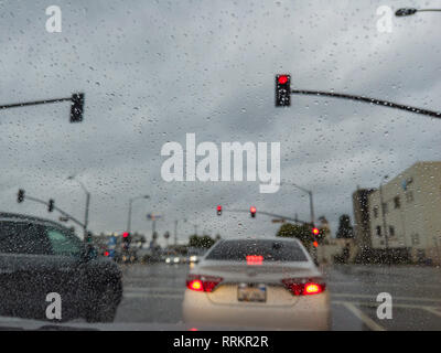 Driving in the rainy Los Angeles urban at California Stock Photo