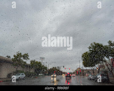 Driving in the rainy Los Angeles urban at California Stock Photo